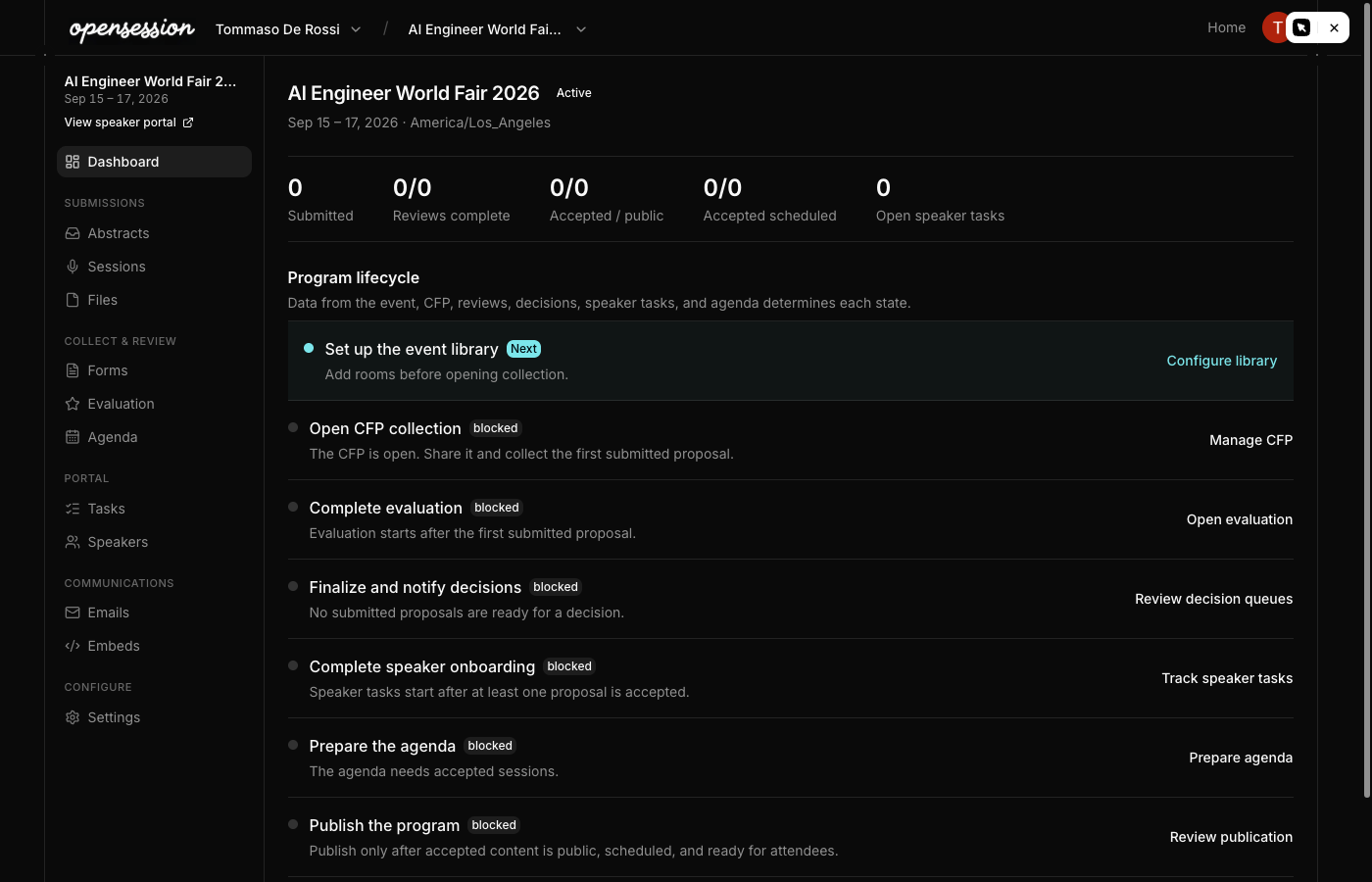 OpenSession dashboard with sidebar navigation and event overview